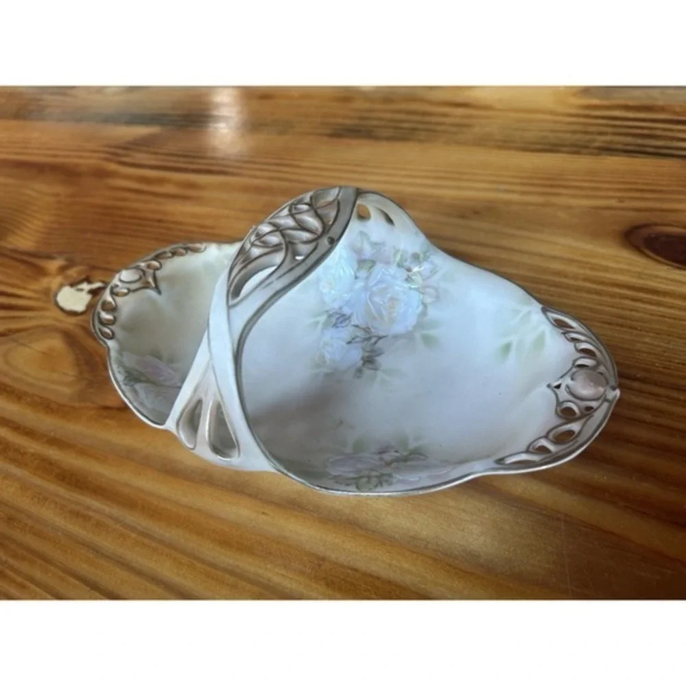 2-PC Antique Bayreuth Bavaria Ivory Vanity‎ Basket & Trinket Dish Artist Signed